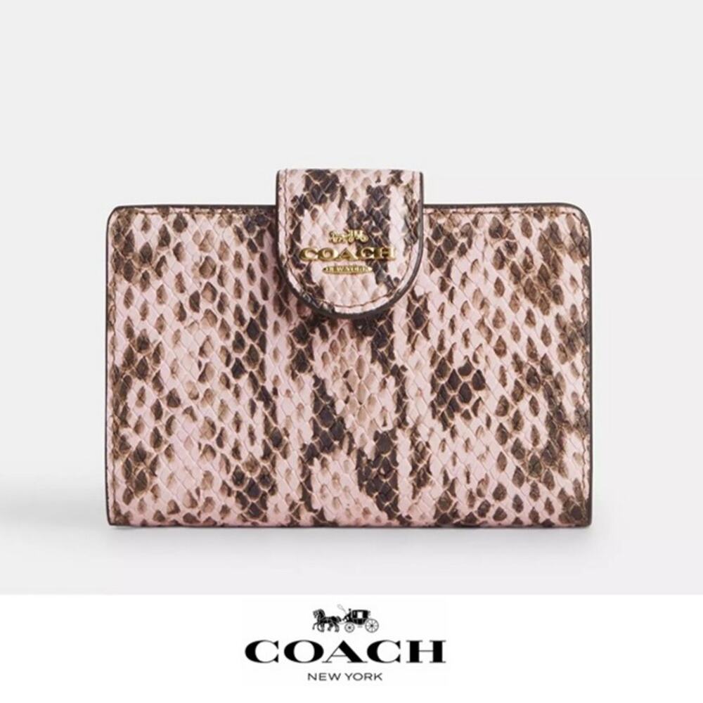 ❤️ Coach Medium Corner Zip Wallet snake embossed leather/Gold/Pink